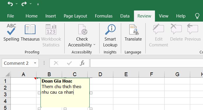 Cách thêm chú thích cho ô Excel